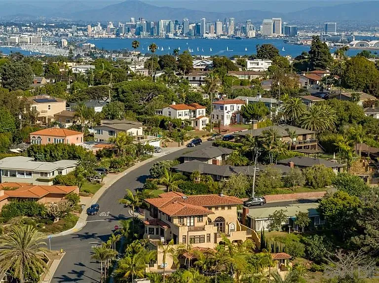 Aerial view of residential neighborhood and San Diego skyline near 1135 Barcelona Drive