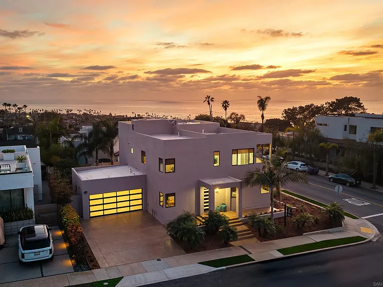 Sunset aerial view of 4593 Coronado Avenue and surrounding San Diego neighborhood