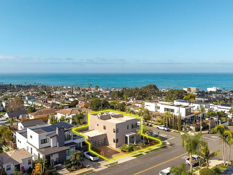 Aerial view of coastal residential neighborhood near 4593 Coronado Avenue in San Diego