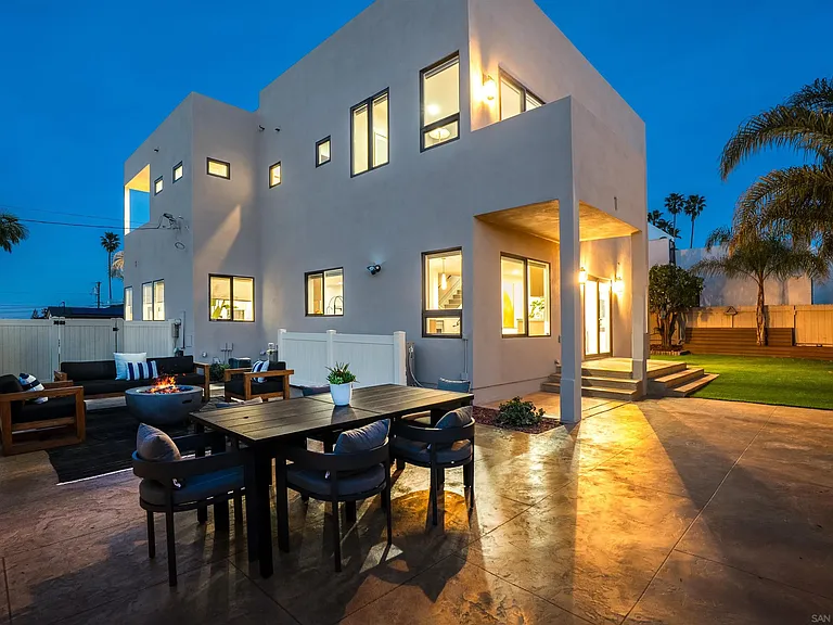 Contemporary home exterior illuminated at dusk at 4593 Coronado Avenue