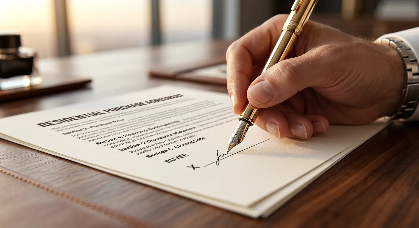 Buyer reviewing and signing real estate purchase documents