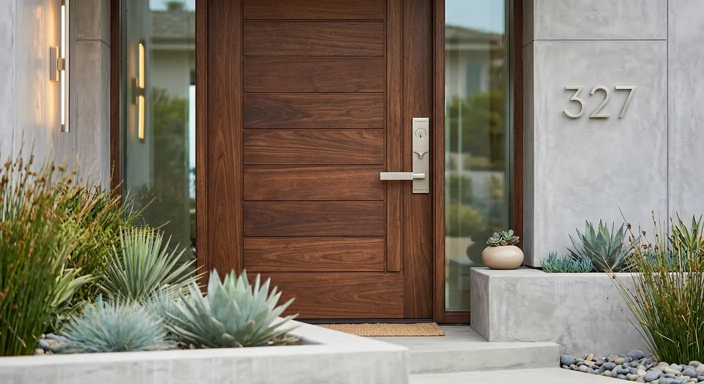 Contemporary wooden front door with landscaped residential entrance