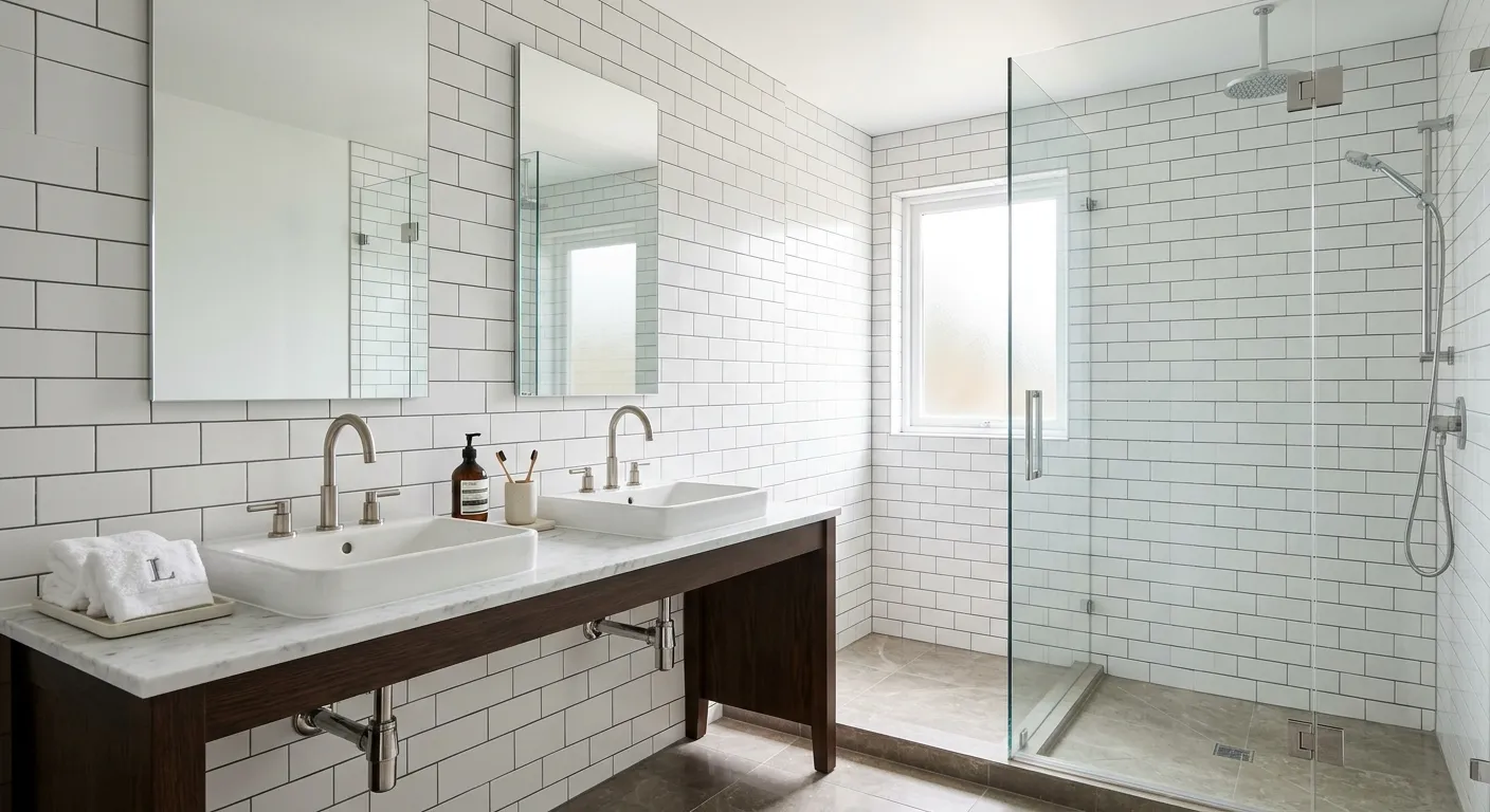 Bright modern bathroom with white tile and glass-enclosed shower