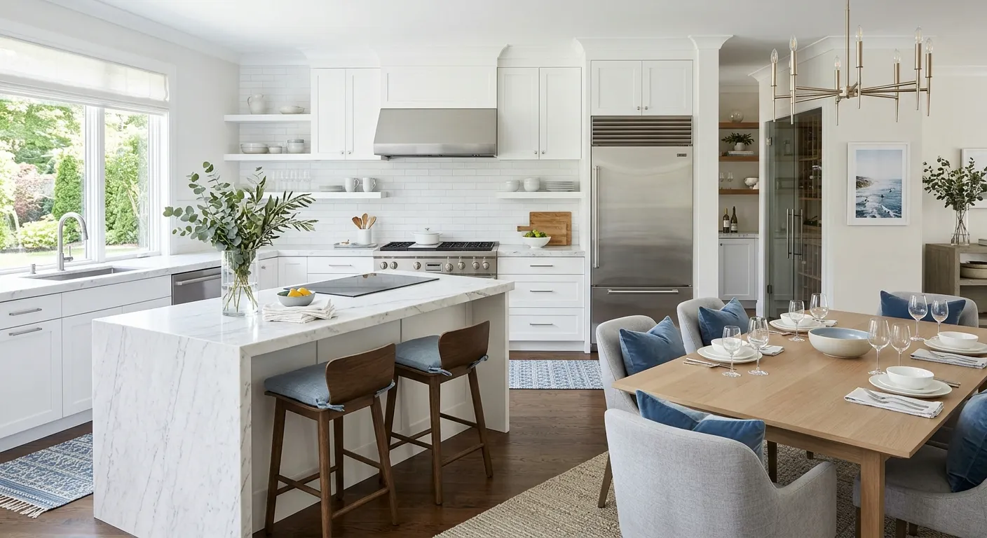 Bright white kitchen with marble countertops and modern appliances