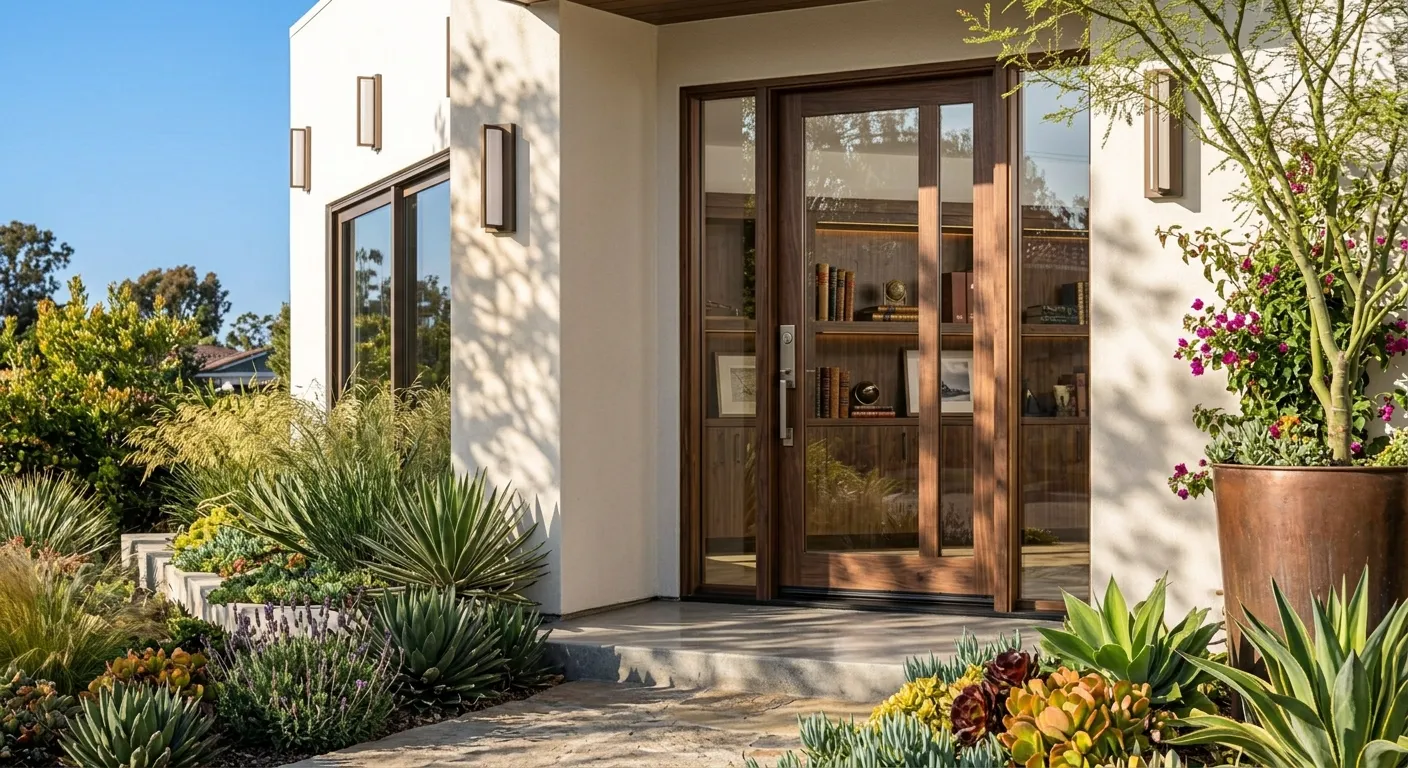 Luxury home entrance featuring wooden double doors and natural landscaping