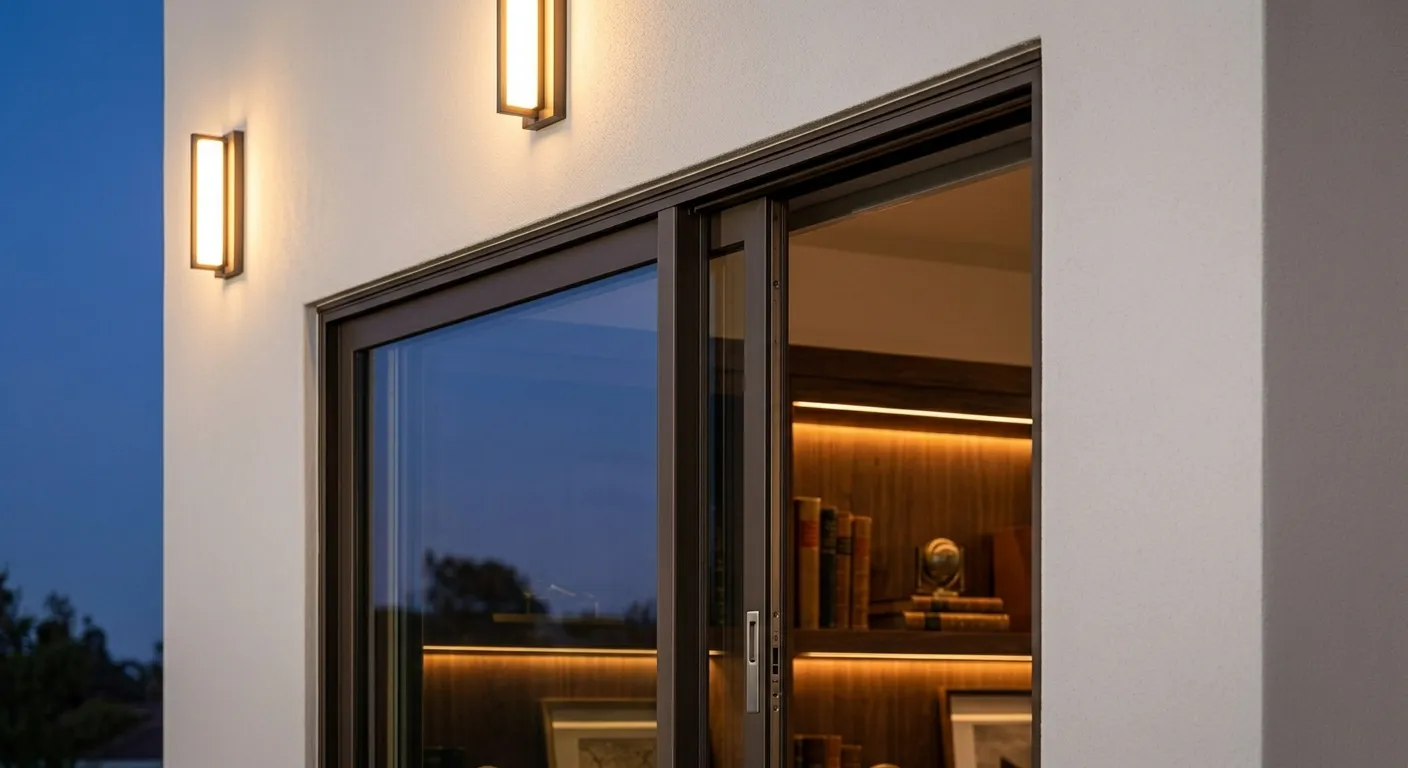 Modern coastal home with large glass doors and warm evening lighting