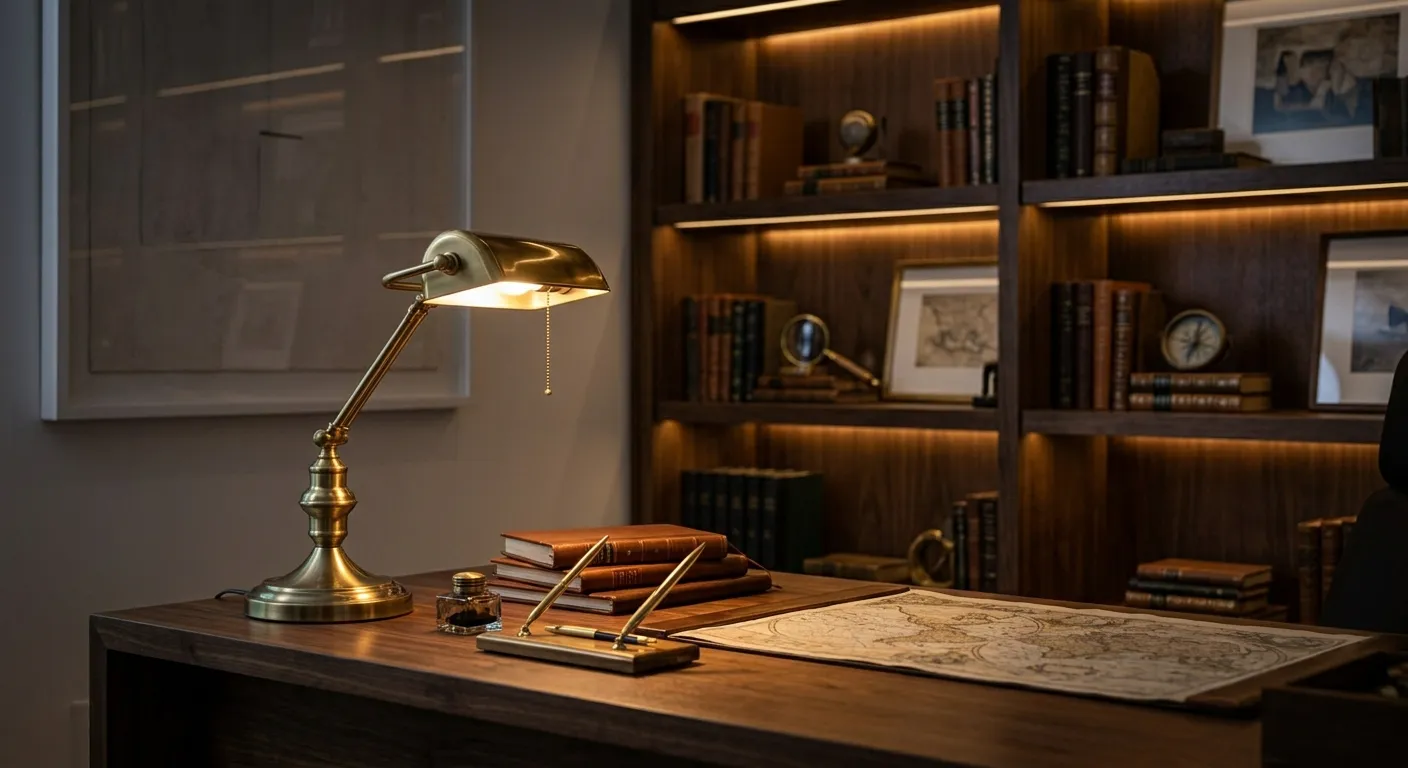 Elegant home office with built-in bookshelves and warm interior lighting