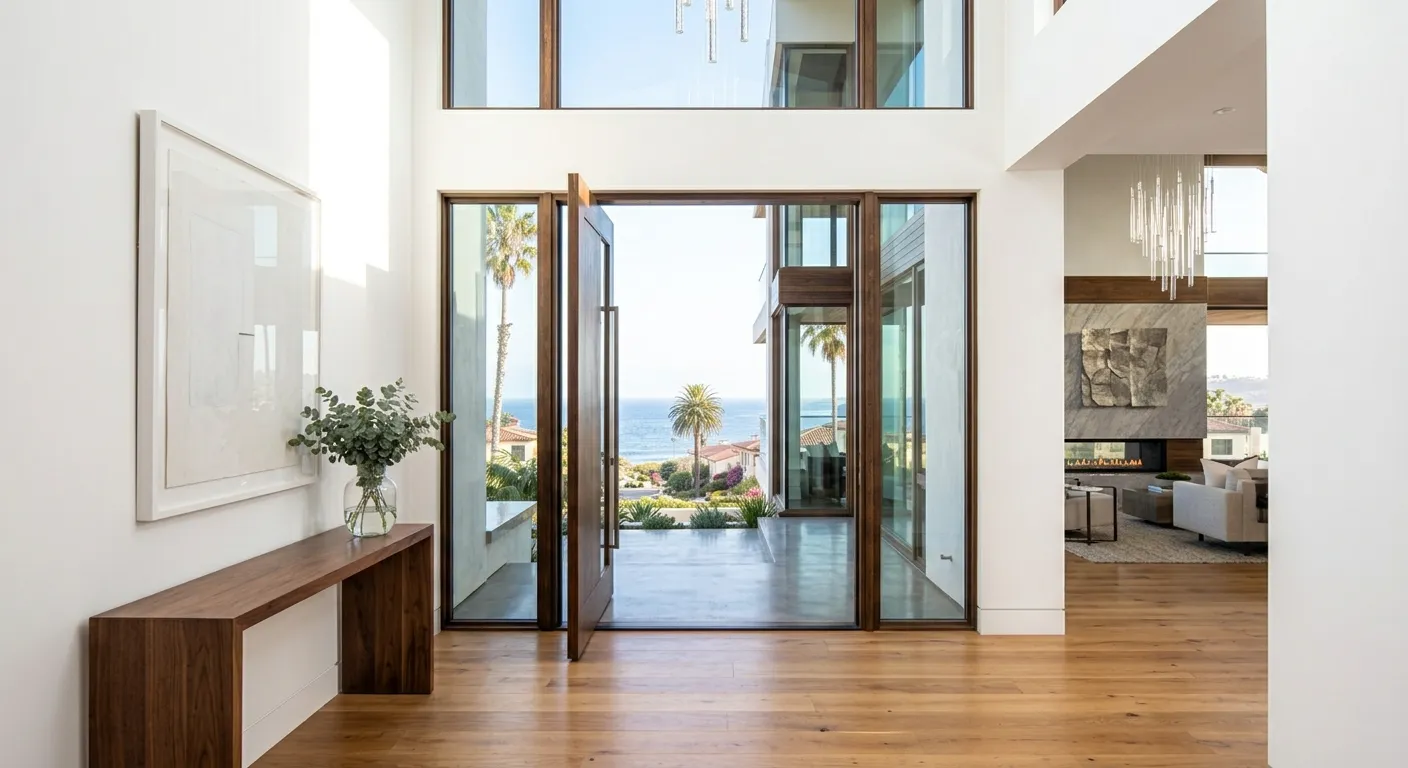 Bright modern home entryway with large windows overlooking the ocean