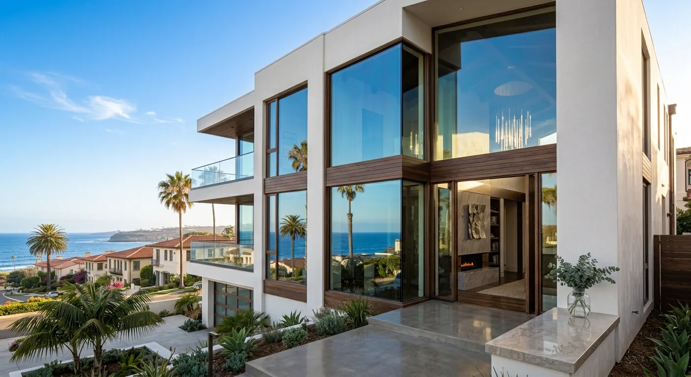 Contemporary coastal home exterior with floor-to-ceiling glass windows