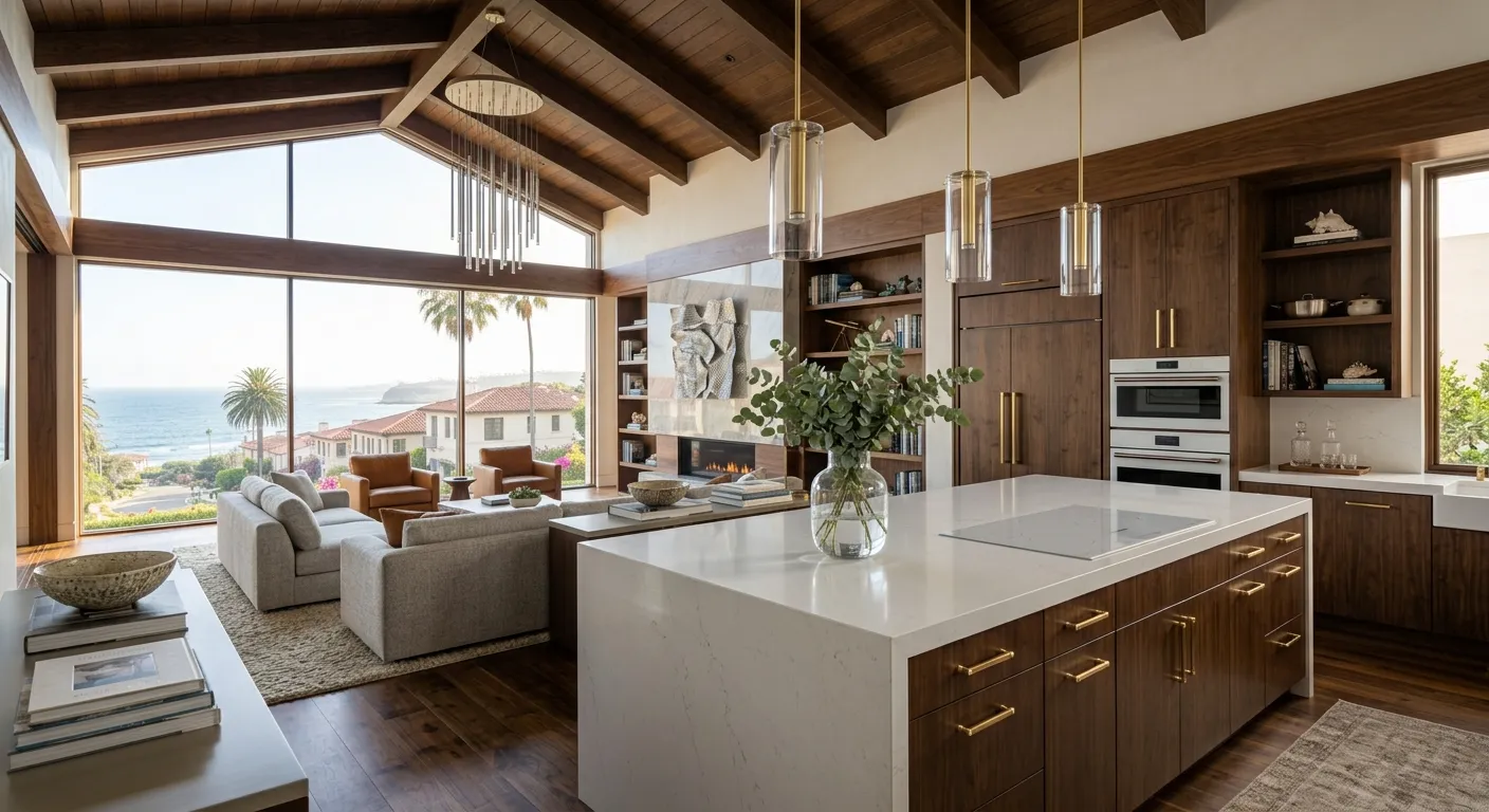 Open-concept luxury kitchen and living space with exposed wooden beams