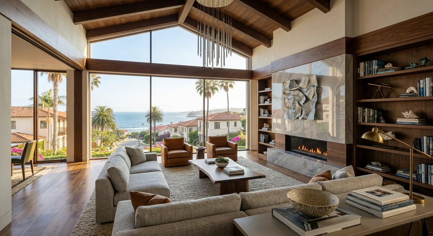 Luxury coastal living room with vaulted ceilings and expansive ocean views