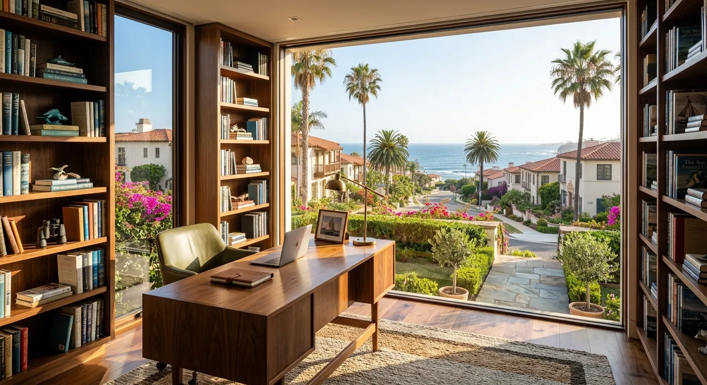 Luxury home office with built-in shelving and coastal views